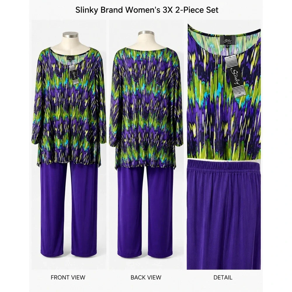 Slinky Brand Womens 3X 2-Piece Set Purple Green Abstract Tunic Pant 3334S-F11J13